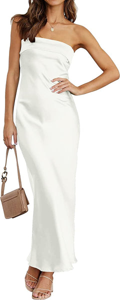 Summer Satin White Strapless Wedding Party Maxi Dress