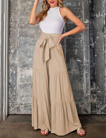 Boho Style Khaki Tied Waist Wide Leg Palazzo Pants