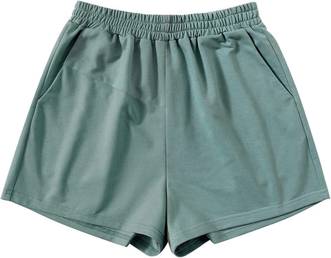 Summer Style Green Color Block Elastic Waist Shorts