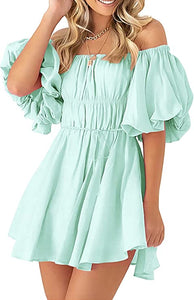 Mint Green Ruffled Off Shoulder Puff Short Sleeve Mini Dress