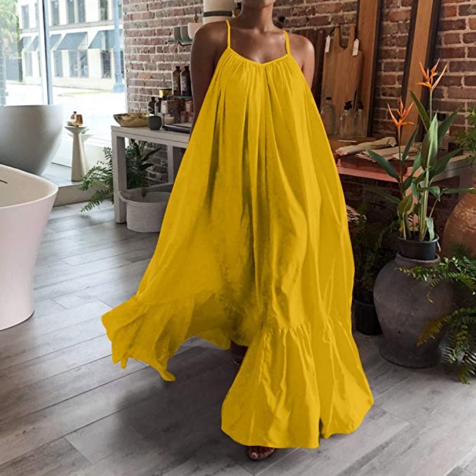 Beachy Boho Yellow Spaghetti Strap Maxi Dress