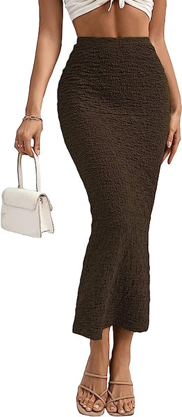 Chic Textured Brown High Waist Maxi Skirt