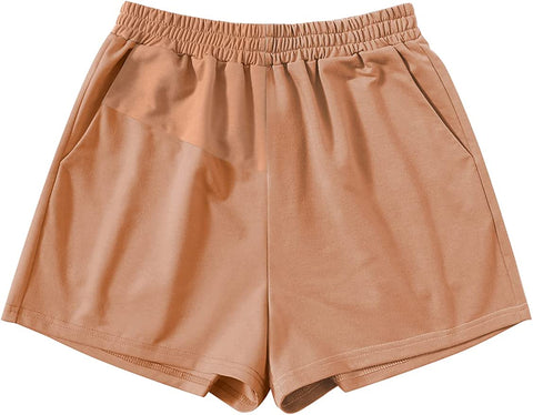 Summer Style Tan Color Block Elastic Waist Shorts