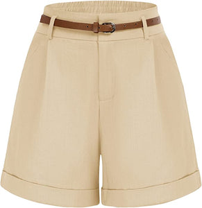 Casual Beige Belted High Waist Shorts