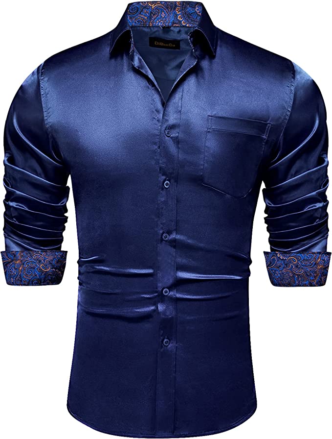 Men's Navy Blue Stretch Soft Satin Long Sleeve Dress Shirt