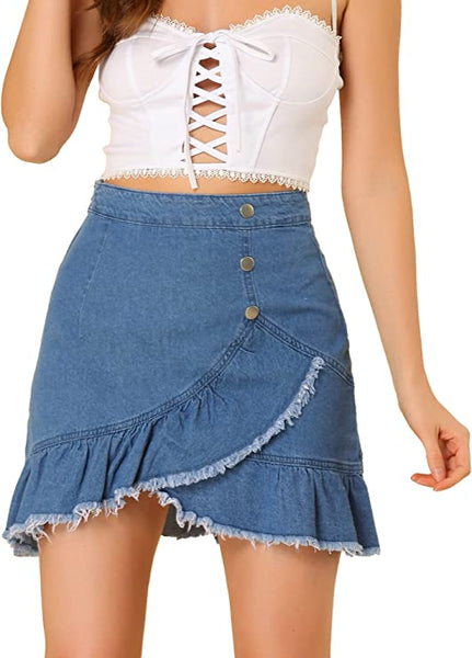 Denim Light Blue Asymmetrical Ruffle Trim Mini Skirt