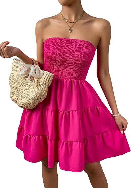 Boho Style Hot Pink Strapless Mini Dress