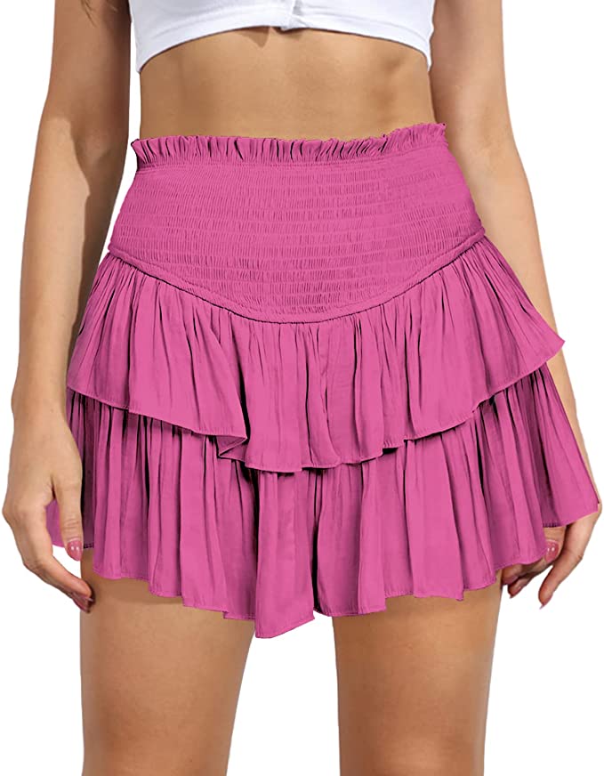 Ruffle Hem Pink High Waist Layered Mini Skirt