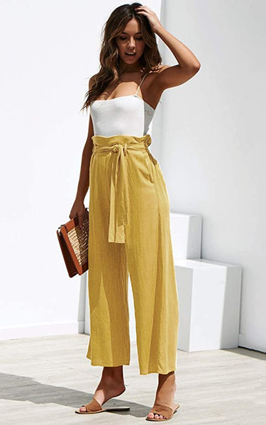 Belted Yellow Casual Loose Fit Pants