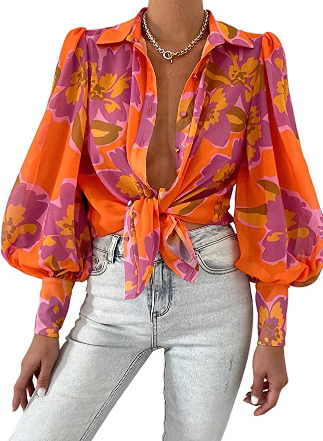 Abstract Orange Purple Long Sleeve Silk Loose Fit Top