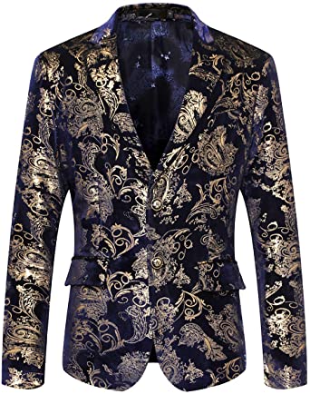 Men's Long Sleeve Floral Metallic Blue & Black Blazer Jacket