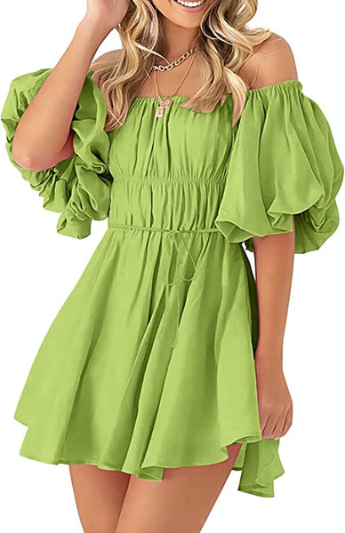 Mint Green Ruffled Off Shoulder Puff Short Sleeve Mini Dress