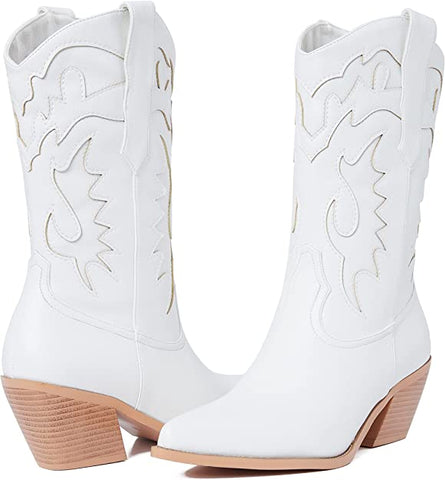 Fashionable White Metallic Cowboy Style Mid Calf Boots