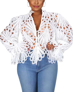 Crochet White Ruffled Long Sleeve Victorian Top