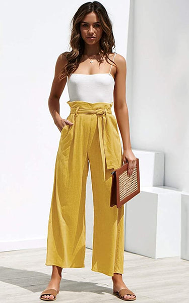 Belted Yellow Casual Loose Fit Pants