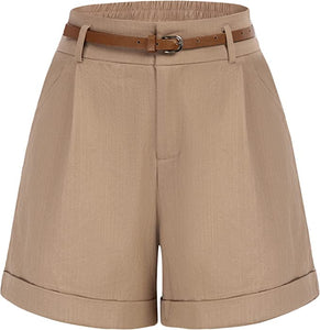 Casual Khaki Belted High Waist Shorts