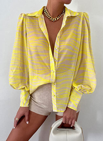 Abstract Yellow Long Sleeve Silk Loose Fit Top