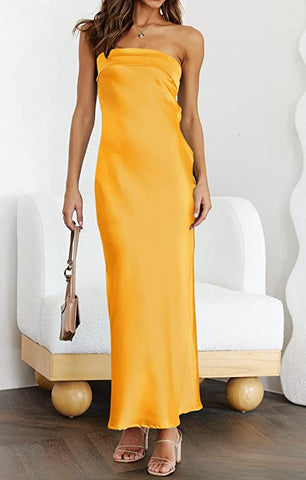 Summer Satin Yellow Strapless Wedding Party Maxi Dress