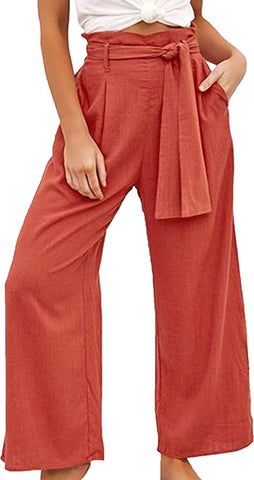 Belted Orange Casual Loose Fit Pants