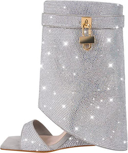 Rhinestone Silver Glitter Sequin Open Toe Sandal Boots