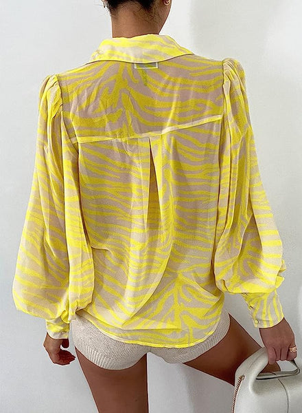 Abstract Yellow Long Sleeve Silk Loose Fit Top