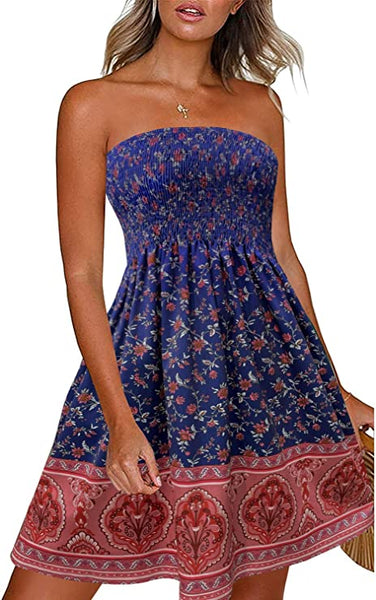 Pretty Orange Tribal Printed Summer Smock Strapless Mini Dress