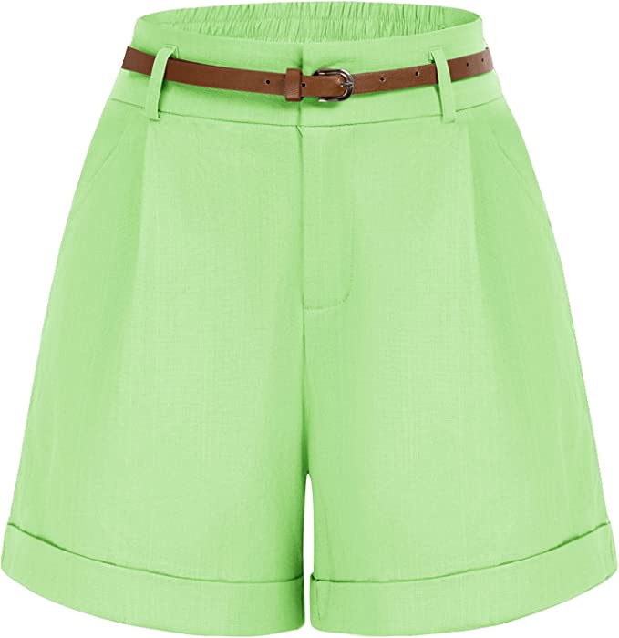 Casual Green Belted High Waist Shorts