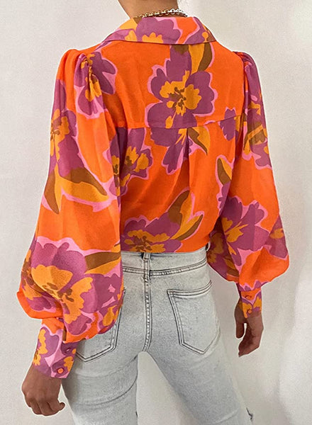 Abstract Vibrant Orange Long Sleeve Silk Loose Fit Top