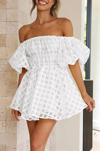 Summer White Strapless Puff Sleeve Diamond Print Babydoll Dress