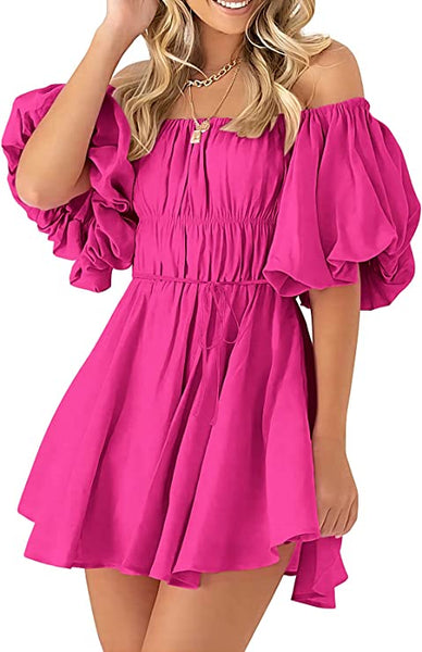 Fuchsia Pink Ruffled Off Shoulder Puff Short Sleeve Mini Dress