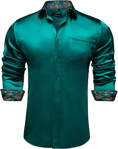 Men's Sage Green Stretch Soft Satin Long Sleeve Dress Shirt