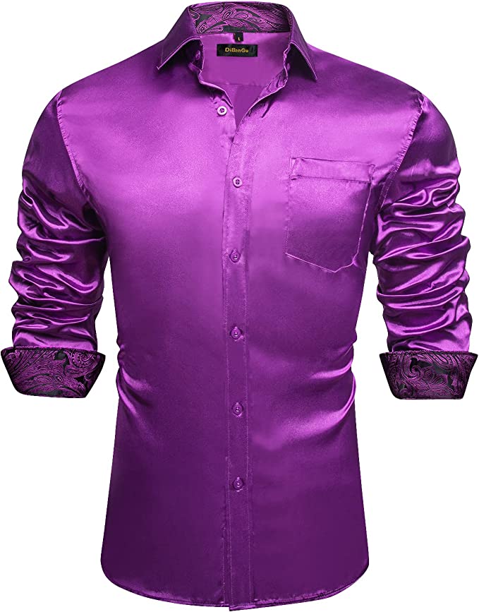 Men's Purple Stretch Soft Satin Long Sleeve Dress Shirt