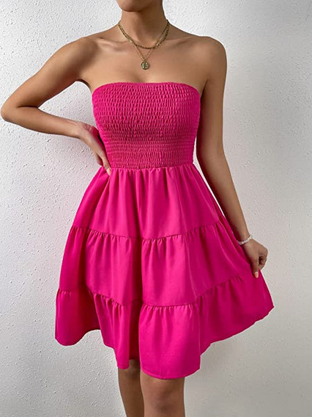 Boho Style Hot Pink Strapless Mini Dress