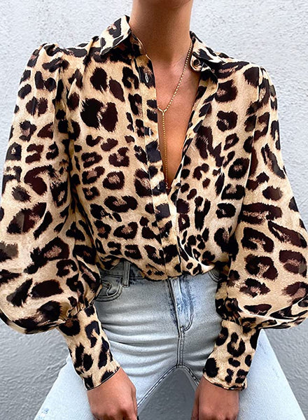 Abstract Leopard Long Sleeve Silk Loose Fit Top