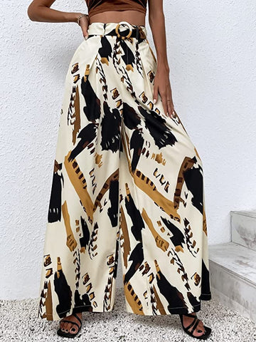 Summer Chic Beige Printed Palazzo Wide Leg Pants