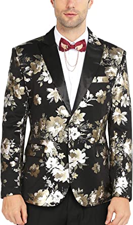 Men's Long Sleeve Floral Metallic Silver Blazer Jacket