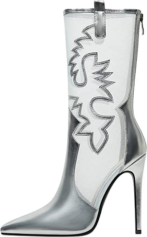 Metallic Silver Mesh Designer Style Stiletto Boots