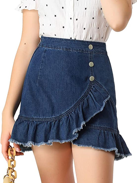 Denim Light Blue Asymmetrical Ruffle Trim Mini Skirt