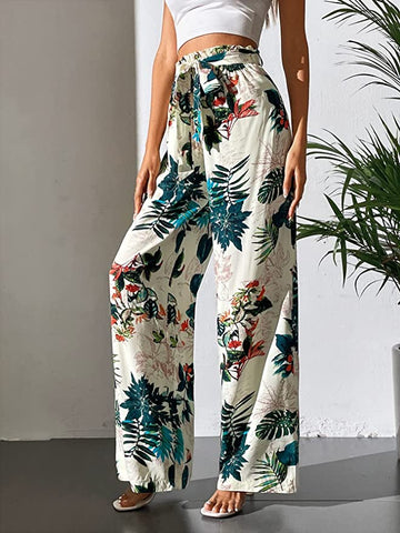 Summer Chic White Leave Printed Palazzo Wide Leg Pants