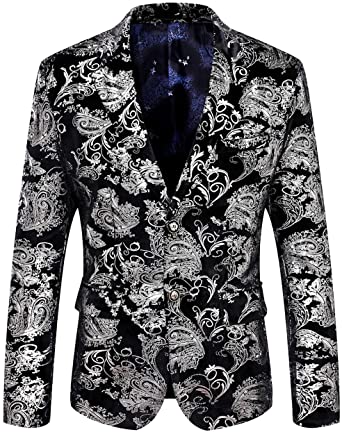 Men's Long Sleeve Floral Metallic Silver Blazer Jacket