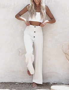 White Button Up High Waist Cotton Pants