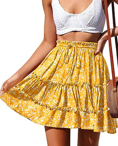 Boho Floral Yellow High Waist Drawstring Tiered Skirt