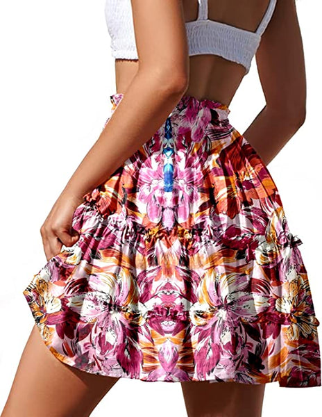 Boho Floral Pink/Orange High Waist Drawstring Tiered Skirt