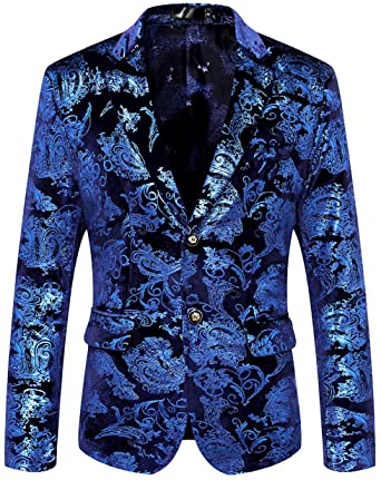 Men's Long Sleeve Floral Metallic Silver Blazer Jacket