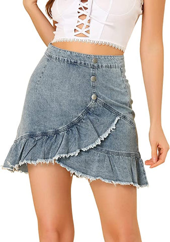 Denim Blue Grey Asymmetrical Ruffle Trim Mini Skirt