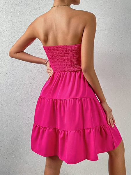 Boho Style Hot Pink Strapless Mini Dress