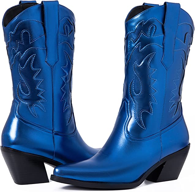 Fashionable Blue Metallic Cowboy Style Mid Calf Boots