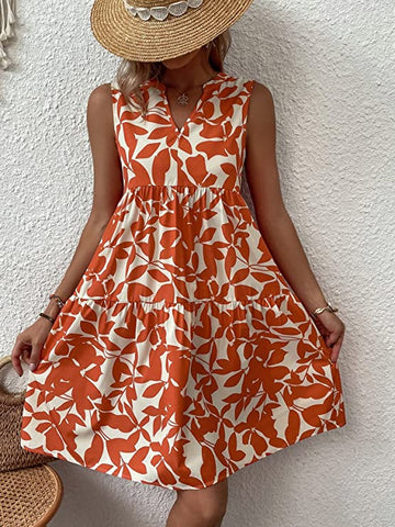 Summer Leaves Orange & White Sleeveless Dress