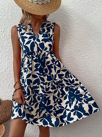 Summer Leaves Blue & White Sleeveless Dress