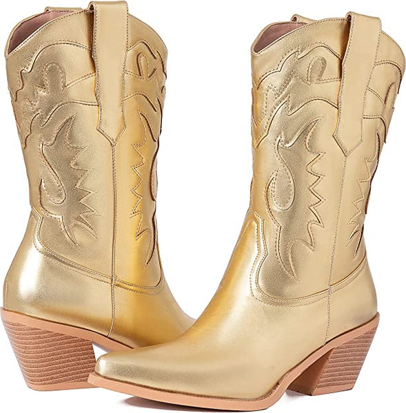 Fashionable White Metallic Cowboy Style Mid Calf Boots